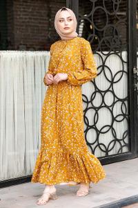 Modalamelif Minimal Papatya Desen Elbise Hardal