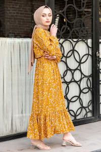 Modalamelif Minimal Papatya Desen Elbise Hardal