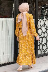 Modalamelif Minimal Papatya Desen Elbise Hardal