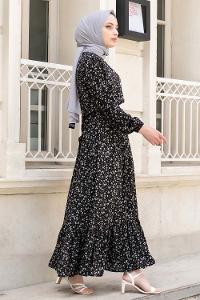 Modalamelif Minimal Papatya Desen Elbise Siyah