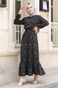 Modalamelif Minimal Papatya Desen Elbise Siyah