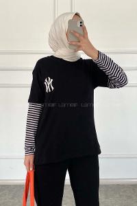Modalamelif Nakış Baskılı Oversize T-Shirt Siyah