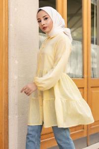 Modalamelif Önü Düğmeli Çizgili Tunik Sarı