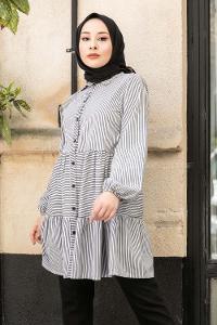 Modalamelif Önü Düğmeli Çizgili Tunik Siyah