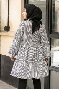 Modalamelif Önü Düğmeli Çizgili Tunik Siyah