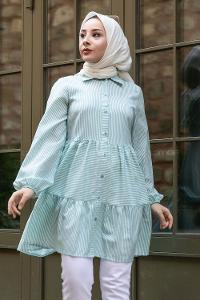 Modalamelif Önü Düğmeli Çizgili Tunik Yeşil