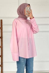 Modalamelif Önü Düğmeli Oversize Gömlek Pembe