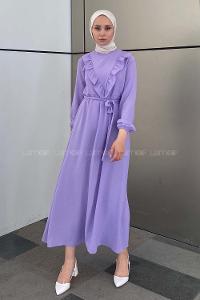 Modalamelif Önü Fırfırlı Kuşaklı Elbise Lila