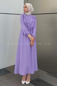 Modalamelif Önü Fırfırlı Kuşaklı Elbise Lila