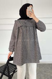 Modalamelif Önü Fırfırlı Pötikare Tunik Siyah