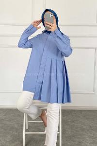 Modalamelif Önü Gizli Düğmeli Pileli Tunik Açık Mavi