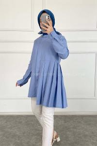 Modalamelif Önü Gizli Düğmeli Pileli Tunik Açık Mavi