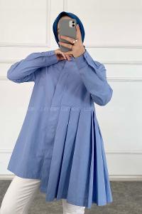 Modalamelif Önü Gizli Düğmeli Pileli Tunik Açık Mavi