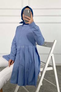 Modalamelif Önü Gizli Düğmeli Pileli Tunik Açık Mavi