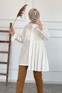 Modalamelif Önü Gizli Düğmeli Pileli Tunik Beyaz