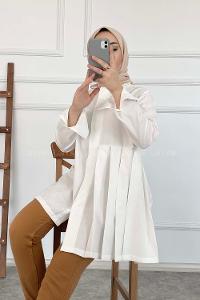 Modalamelif Önü Gizli Düğmeli Pileli Tunik Beyaz