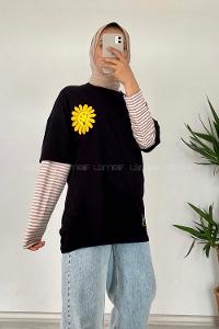 Modalamelif Papatya Nakışlı T-Shirt Siyah