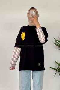 Modalamelif Papatya Nakışlı T-Shirt Siyah