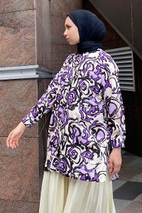 Modalamelif Soyut  Desen Dijital Baskı Gömlek Mor