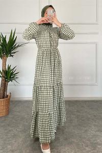 Modalamelif Yaka Fırfırlı Ekose Elbise Çağla