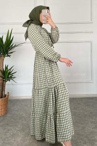 Modalamelif Yaka Fırfırlı Ekose Elbise Çağla