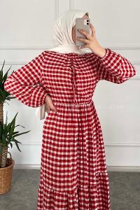 Modalamelif Yaka Fırfırlı Ekose Elbise Kırmızı