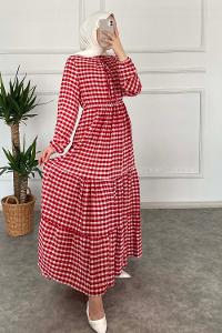 Modalamelif Yaka Fırfırlı Ekose Elbise Kırmızı