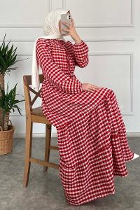 Modalamelif Yaka Fırfırlı Ekose Elbise Kırmızı