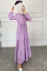 Modalamelif Yaka Fırfırlı Ekose Elbise Lila
