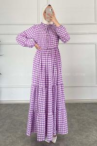 Modalamelif Yaka Fırfırlı Ekose Elbise Lila