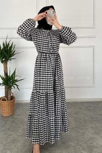 Modalamelif Yaka Fırfırlı Ekose Elbise Siyah