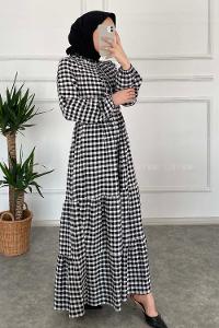 Modalamelif Yaka Fırfırlı Ekose Elbise Siyah