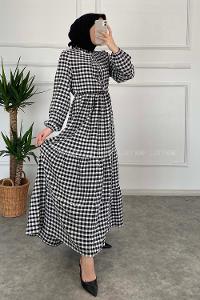 Modalamelif Yaka Fırfırlı Ekose Elbise Siyah