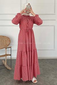 Modalamelif Yaka Fırfırlı Pötikare Elbise Kırmzı