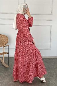 Modalamelif Yaka Fırfırlı Pötikare Elbise Kırmzı