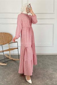 Modalamelif Yaka Fırfırlı Pötikare Elbise Pudra