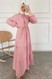 Modalamelif Yaka Fırfırlı Pötikare Elbise Pudra