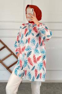 Modalamelif Yaprak Desen  Gömlek Buz Mavisi