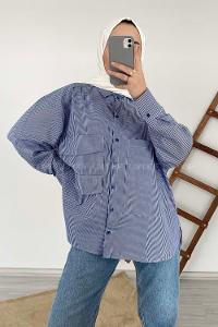 Modalamelif Cep Detaylı Çizgili Gömlek Lacivert
