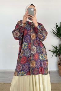 Modalamelif Kilim Desen Dijital Baskı Gömlek Ekru Fuşya