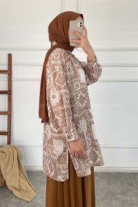 Modalamelif Kilim Desen Dijital Baskı Gömlek Ekru Sütlü Kahve