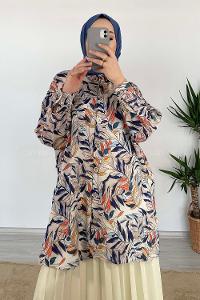 Modalamelif Yaprak Desen Dijital Baskı Gömlek Bej