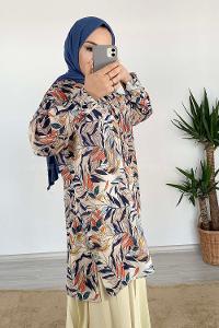 Modalamelif Yaprak Desen Dijital Baskı Gömlek Bej