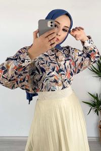 Modalamelif Yaprak Desen Dijital Baskı Gömlek Bej