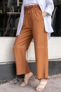 Modalamelif Beli Fırfırlı Bol Paça Pantolon  Camel