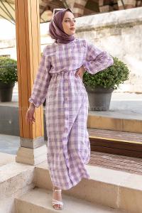 Modalamelif Eteği Dümeli Kareli Gofre Elbise Lila