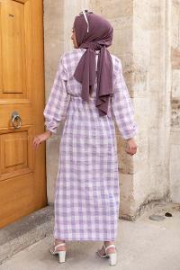 Modalamelif Eteği Dümeli Kareli Gofre Elbise Lila