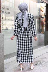 Modalamelif Eteği Dümeli Kareli Gofre Elbise Siyah