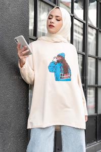 Modalamelif Kız  Baskılı Sweatshirt Bej