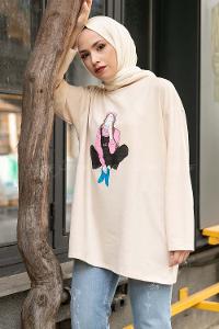 Modalamelif Kız Love Baskılı  Sweatshirt Bej